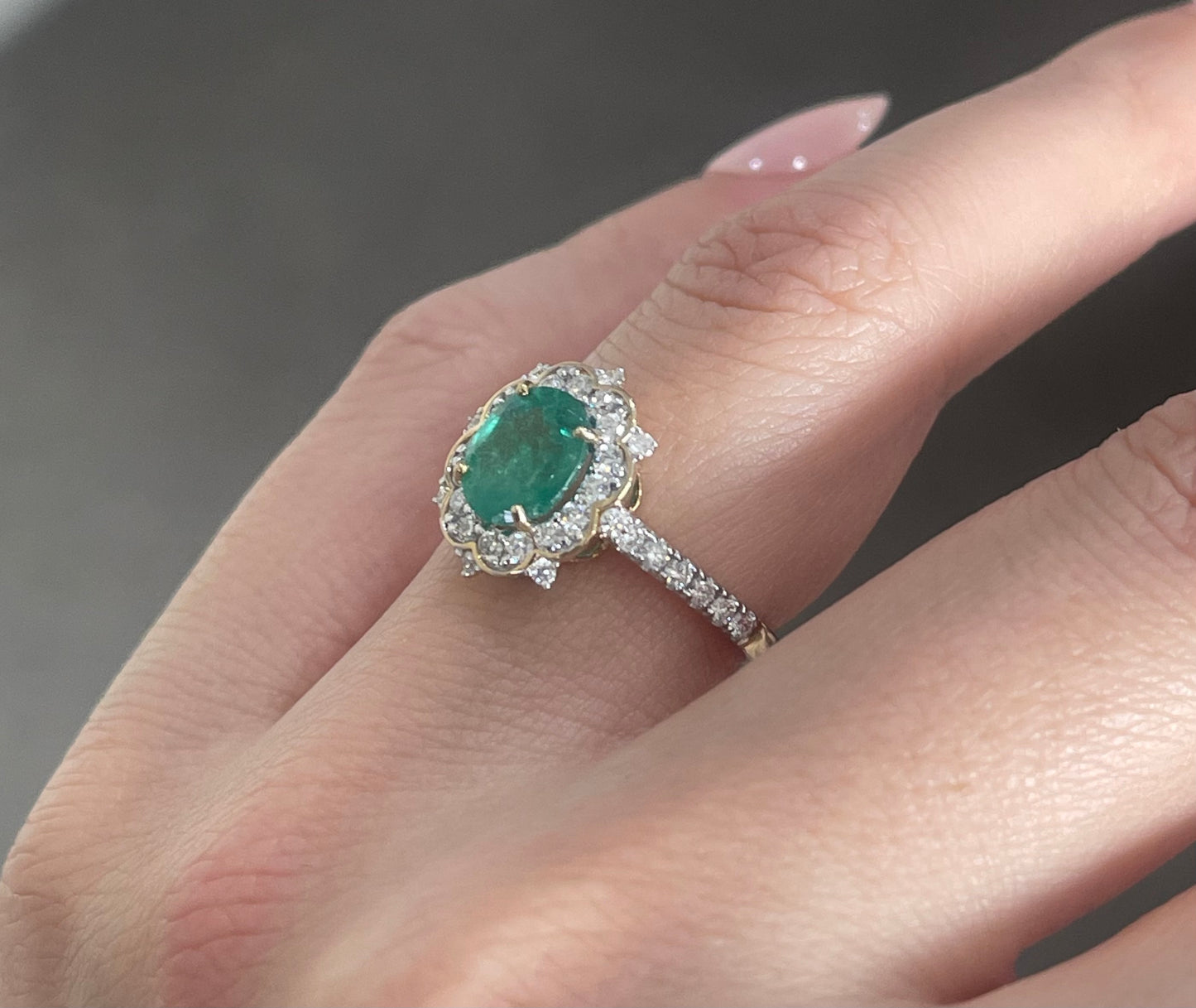 Natural Emerald Diamond Flower Ring In 14ct Yellow Gold