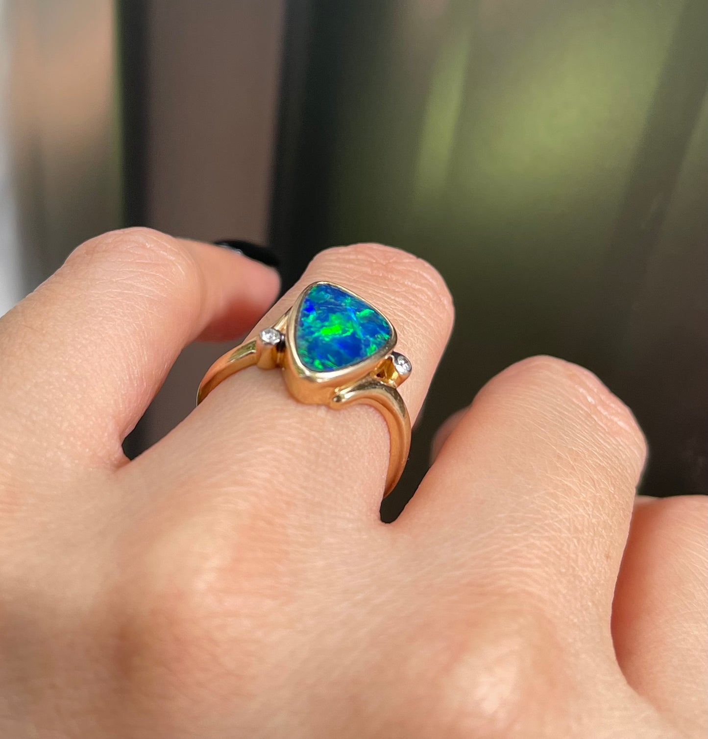 Vintage Handmade Australian Boulder Opal diamond Ring – Electric Blue & Green Fire In 14ct Yellow Gold