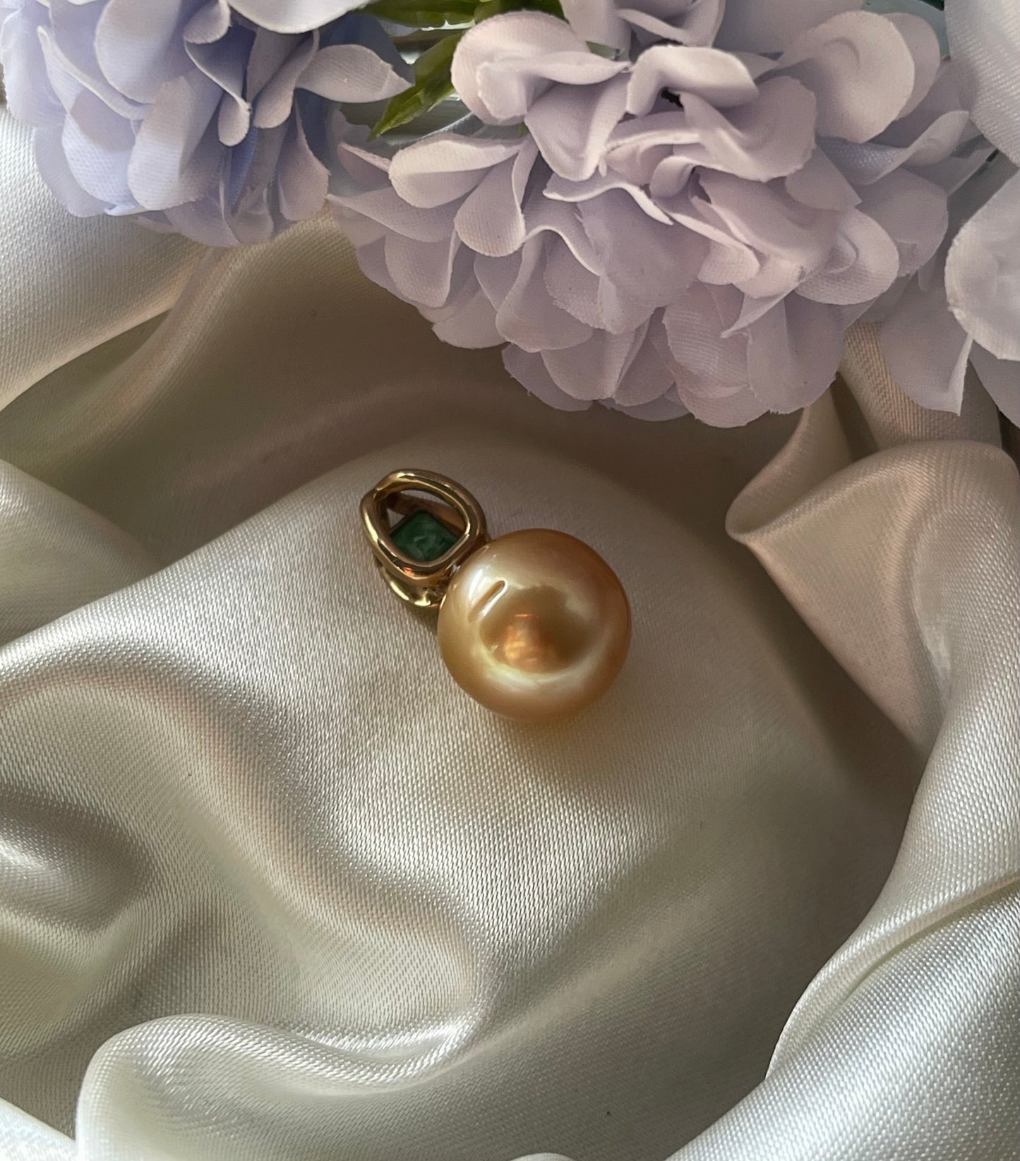 Golden South Sea Pearl Pendant & Emerald In 9ct Yellow Gold
