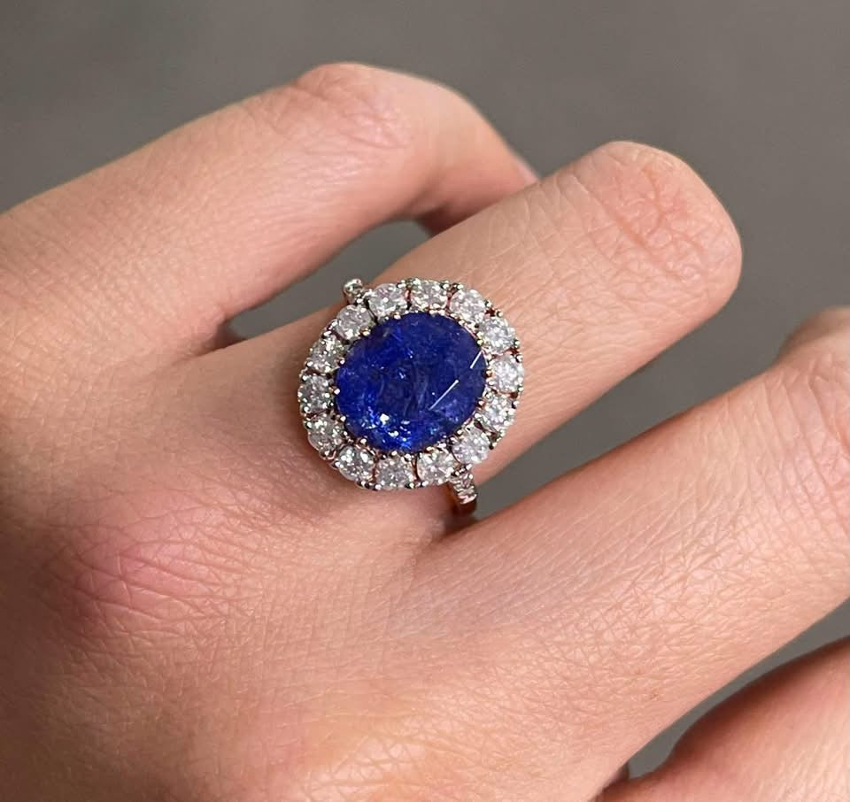 Classic Natural Tanzanite Diamond Halo Ring In 14ct Rose Gold
