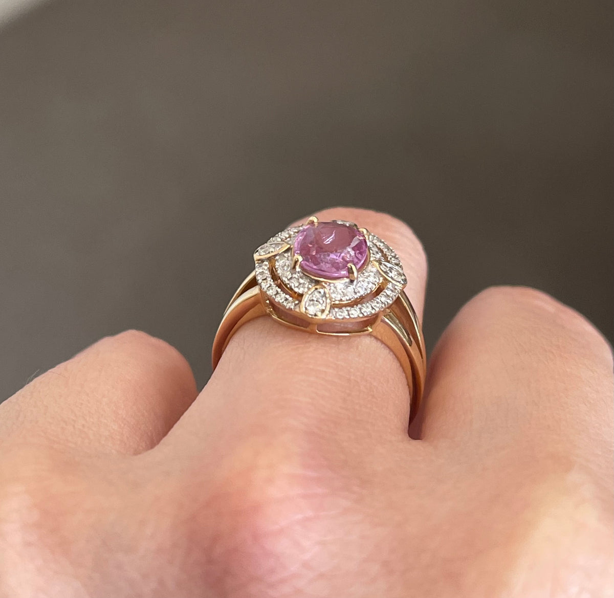 Art Deco Style Natural Pink Sapphire Diamond Halo Ring In 14ct Yellow Gold