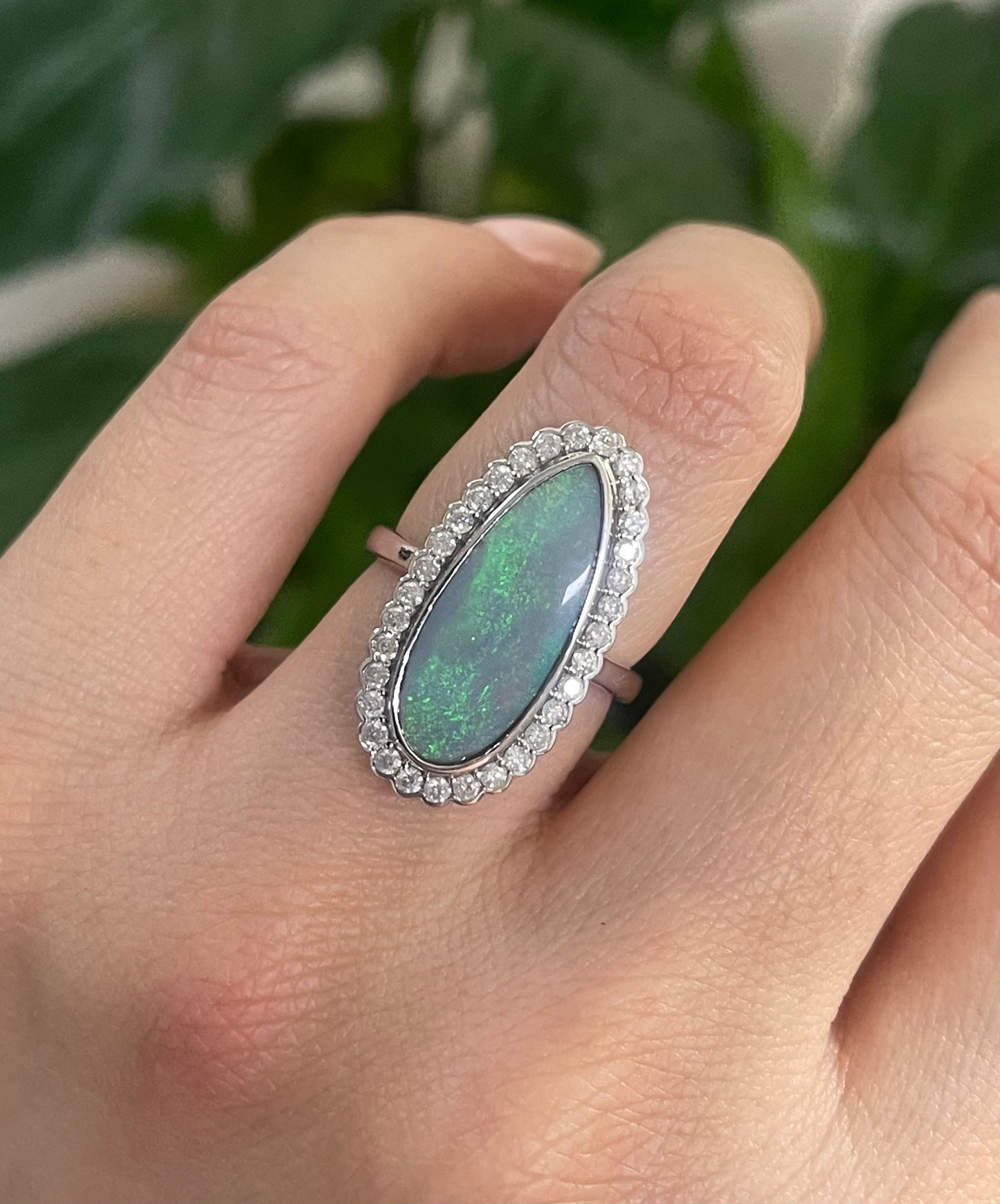 Natural Solid Lighting Ridge Opal Diamond Ring In 14ct White Gold