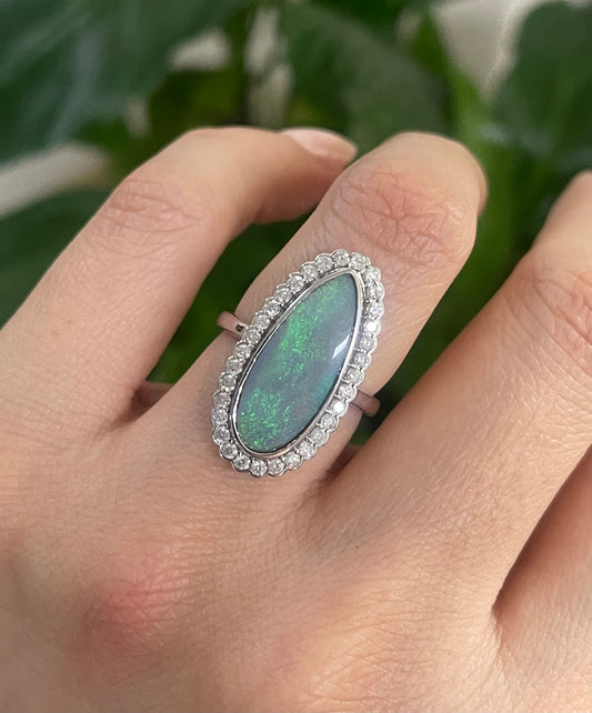 Natural Solid Lighting Ridge Opal Diamond Ring In 14ct White Gold