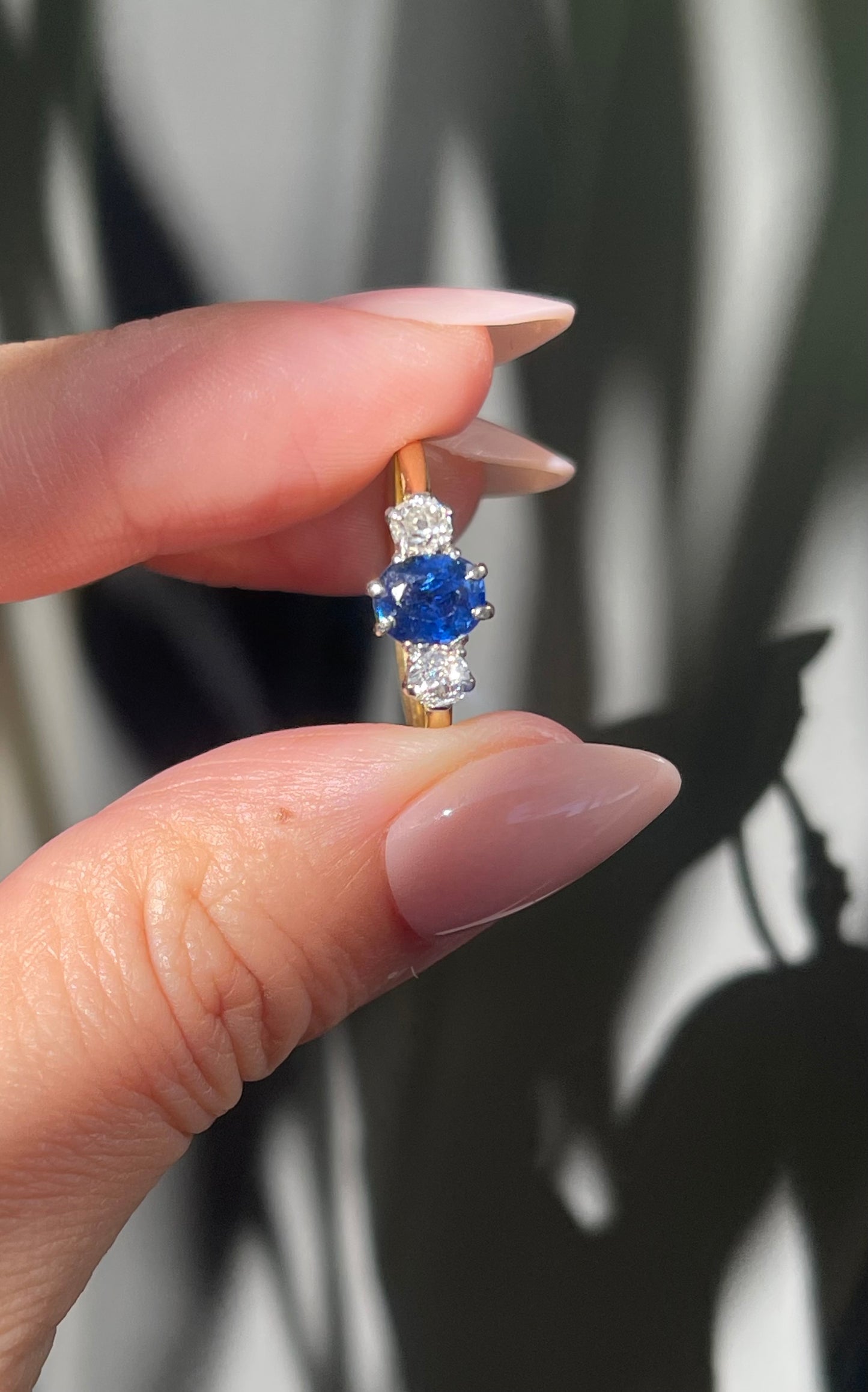 Antique Natural Ceylon Sapphire Old Cut Diamond Trilogy Ring In 18ct Yellow Gold & Platinum