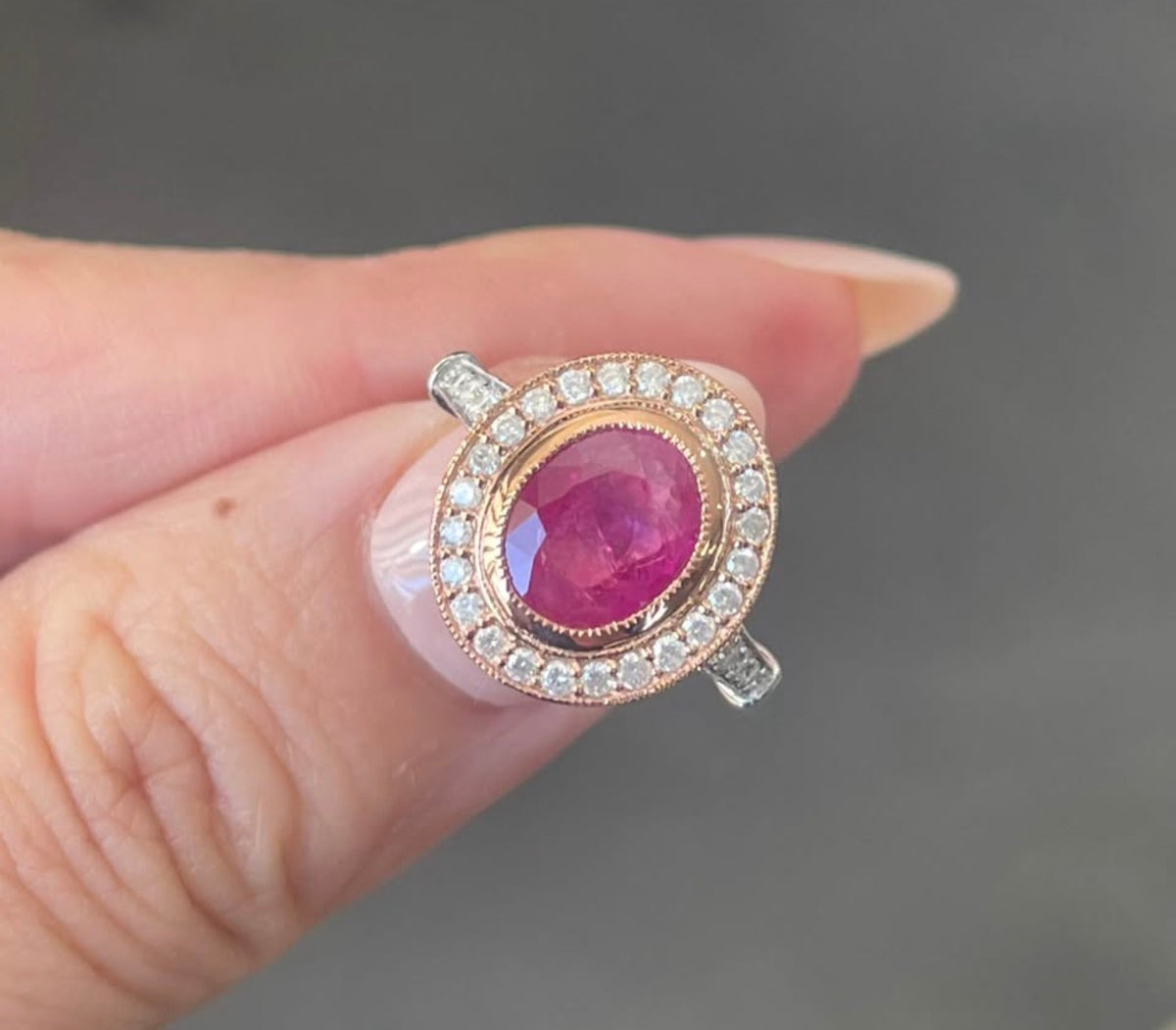 2.2ct Natural Ruby Diamond Halo Ring In 14ct White & Rose Gold