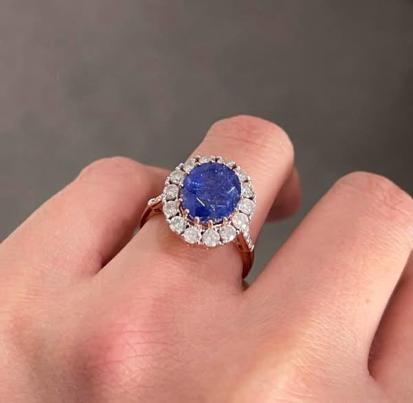 Classic Natural Tanzanite Diamond Halo Ring In 14ct Rose Gold