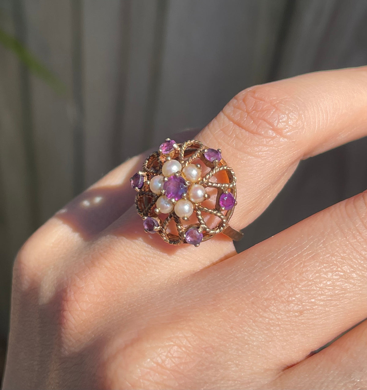 Vintage London 1973 natural purple amethyst seed pearl flower ring in 9ct rose gold