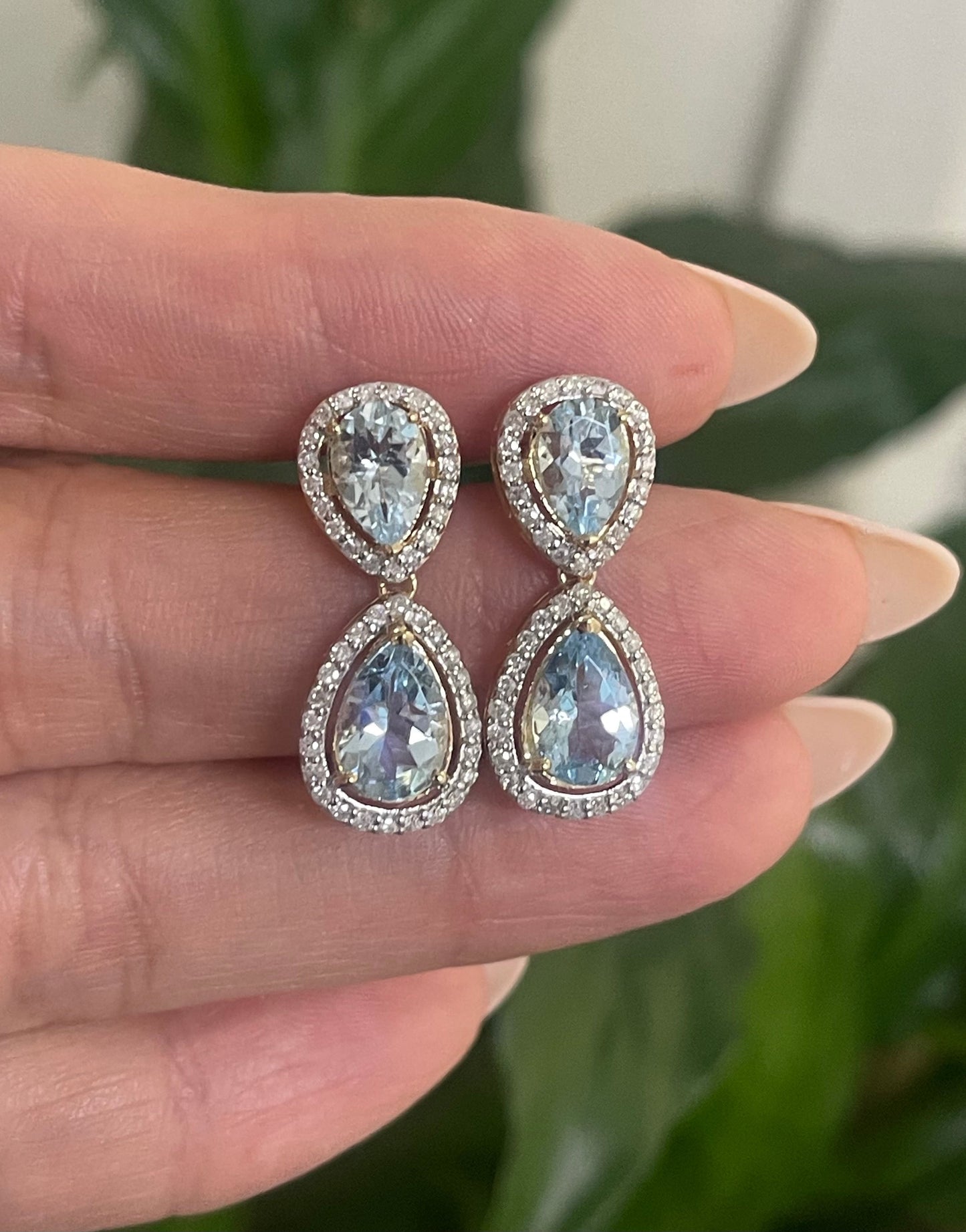 3.74ct Natural Aquamarine Diamond Halo Drop Earrings In 14ct Yellow Gold