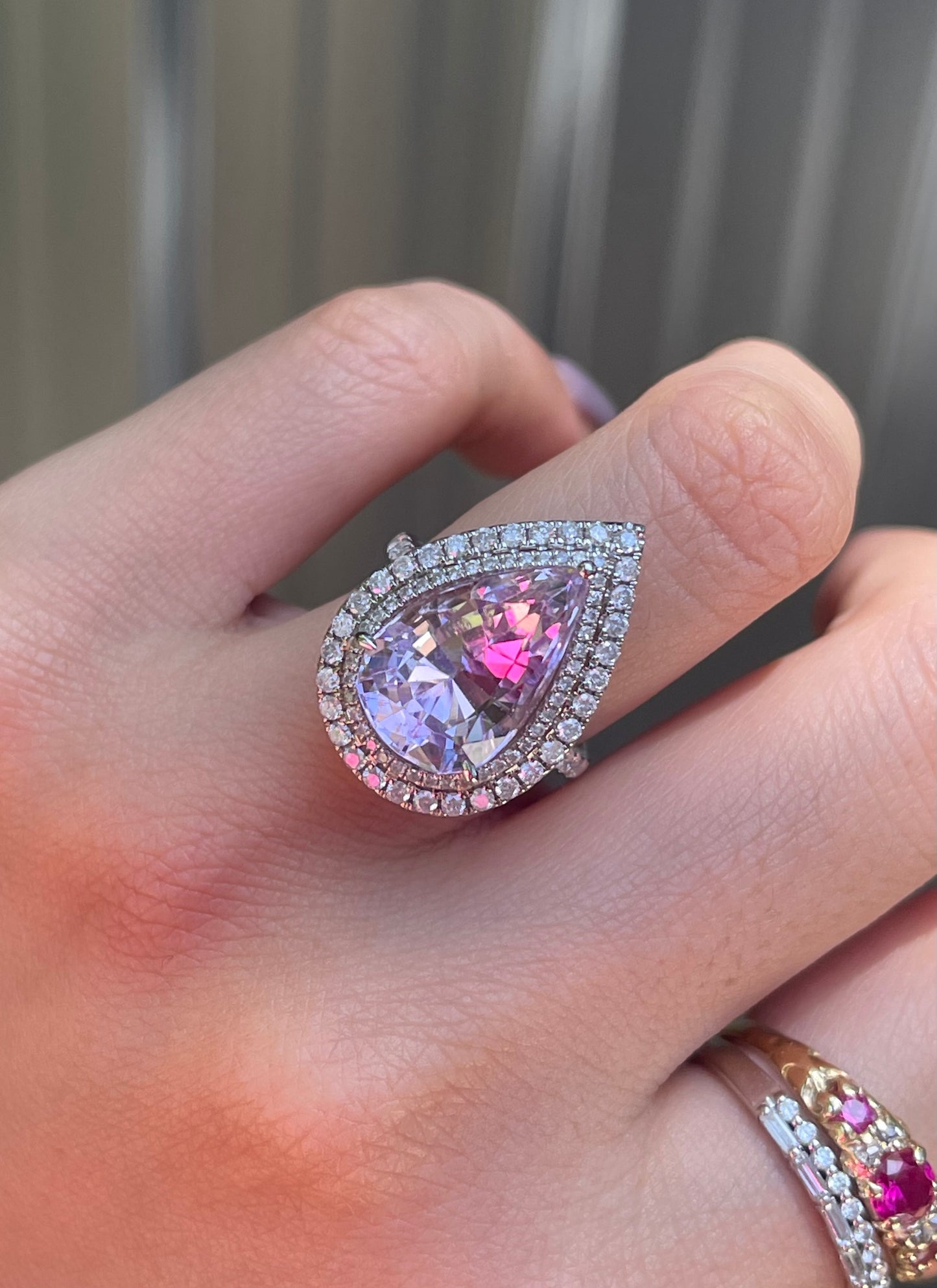 14ct white gold natural pear shaped Kunzite diamond halo ring