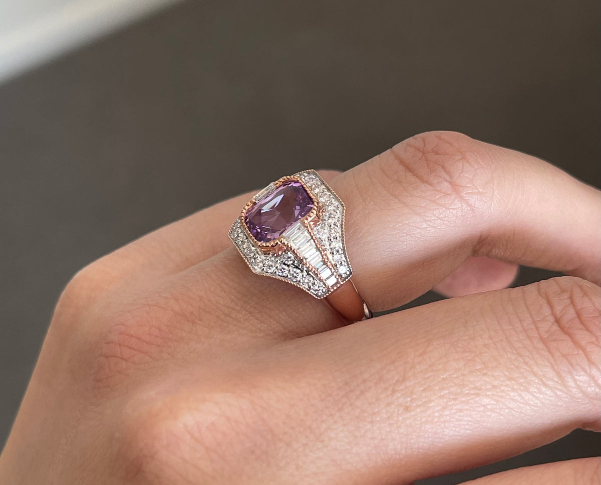 Art Deco Style Natural Pink Ceylon Sapphire Diamond Ring In 14ct Rose Gold