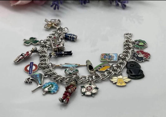 42g vintage sterling silver doubel curb link enamel charm bracelets