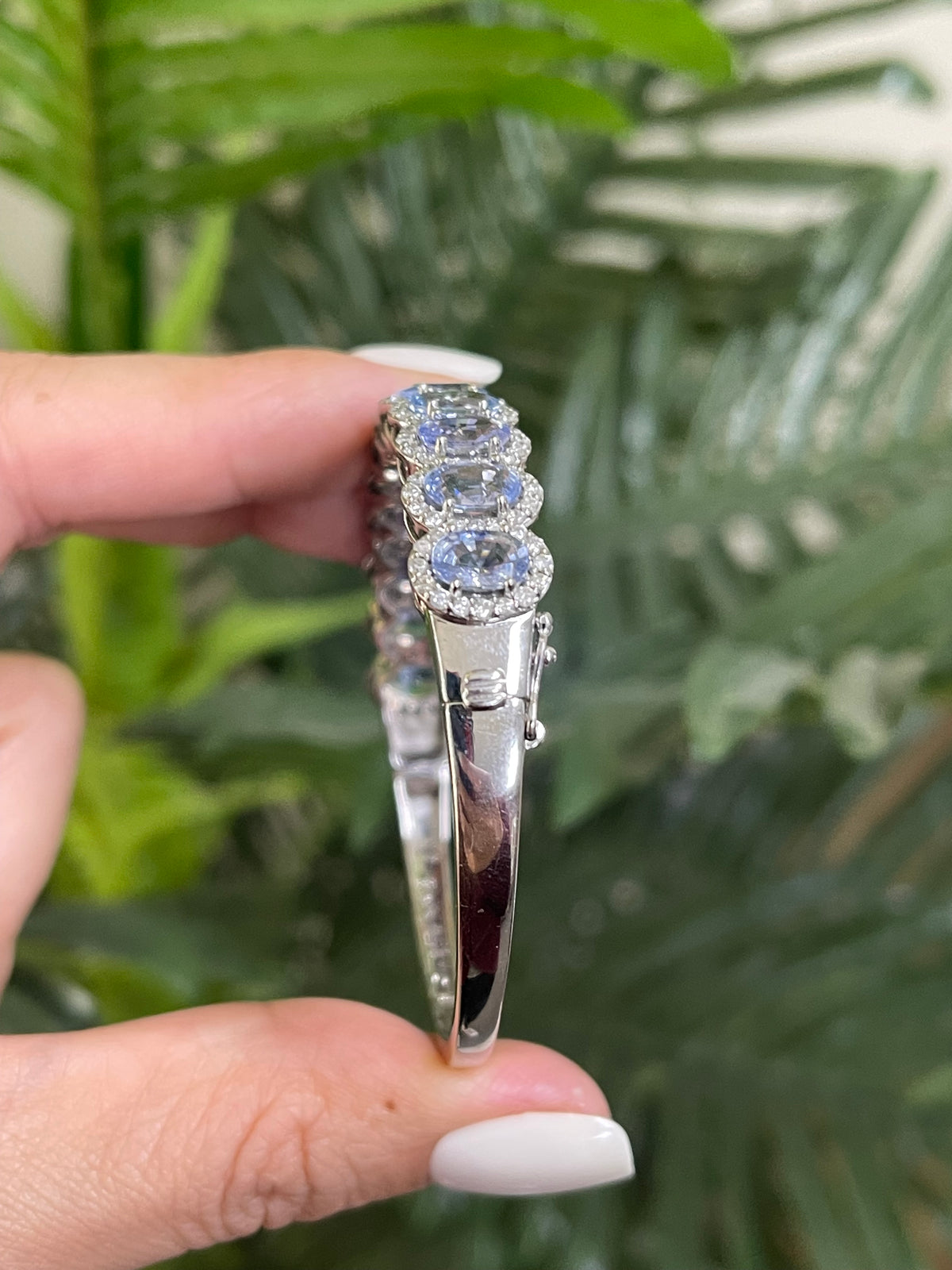 12.40ct Natural Ceylon Sapphire & 2.17ct Diamond Halo Bangle In 18ct White Gold