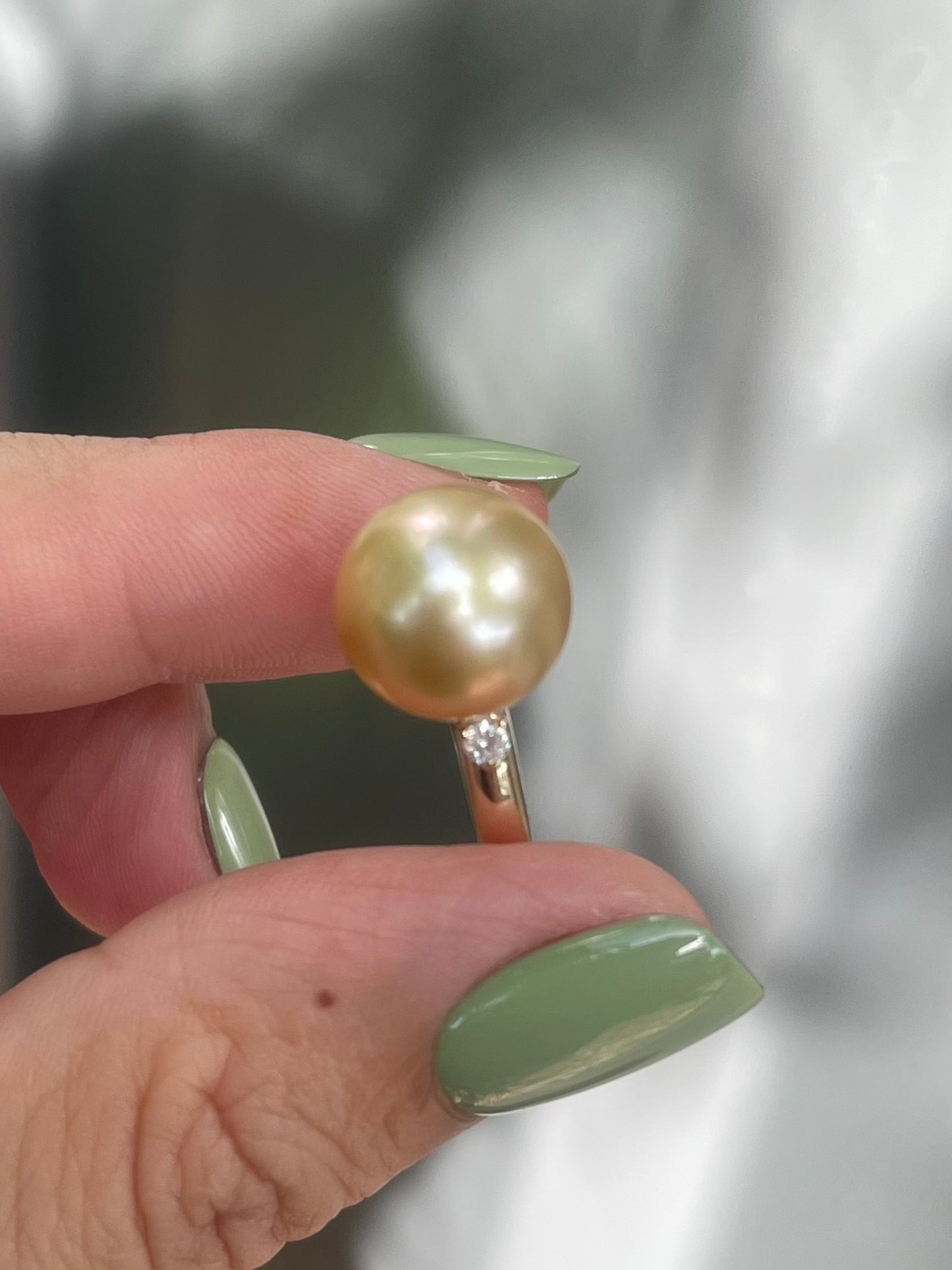 Golden South Sea Pearl Ring With Diamond In 9ct Yellow Gold