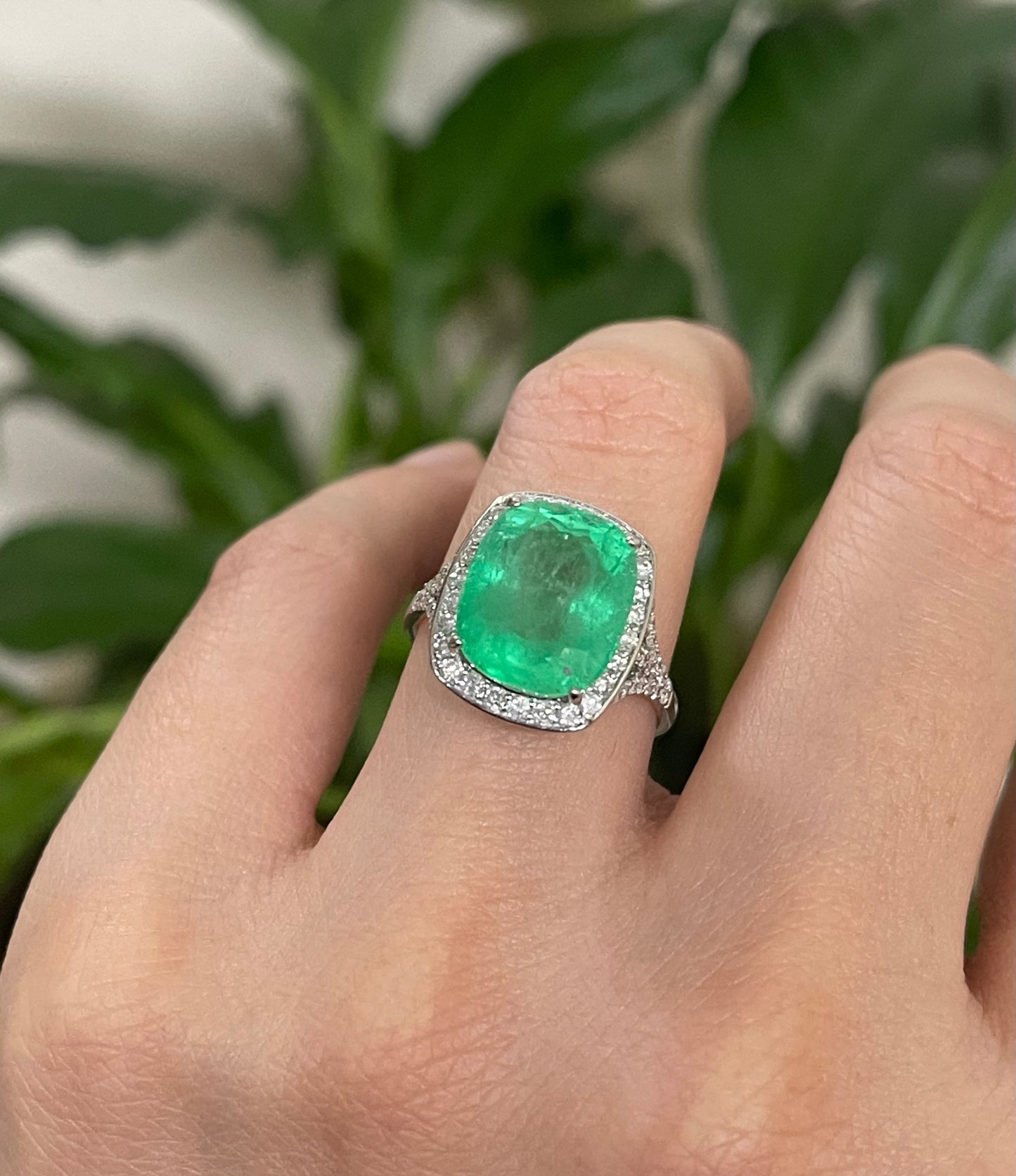 7.23ct Natural Colombian Emerald Diamond Halo Ring In 14ct White Gold