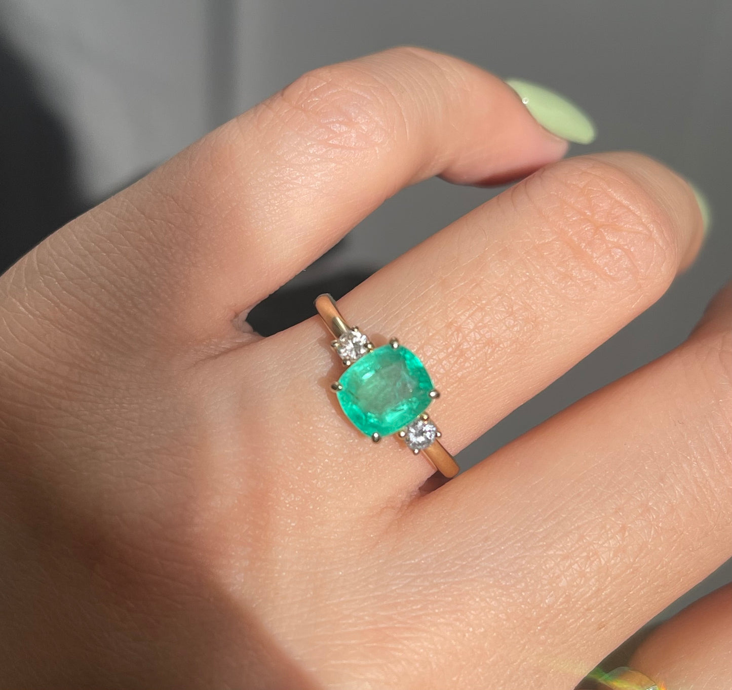 Classic 1.5ct Emerald Diamond Trilogy Ring In 9ct Yellow Gold