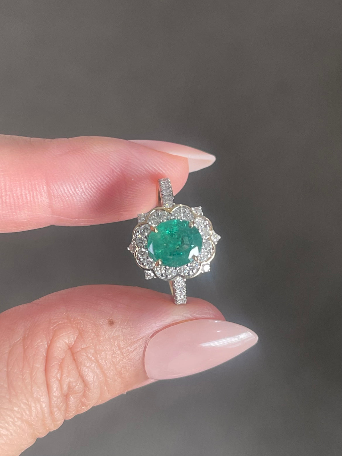 Natural Emerald Diamond Flower Ring In 14ct Yellow Gold