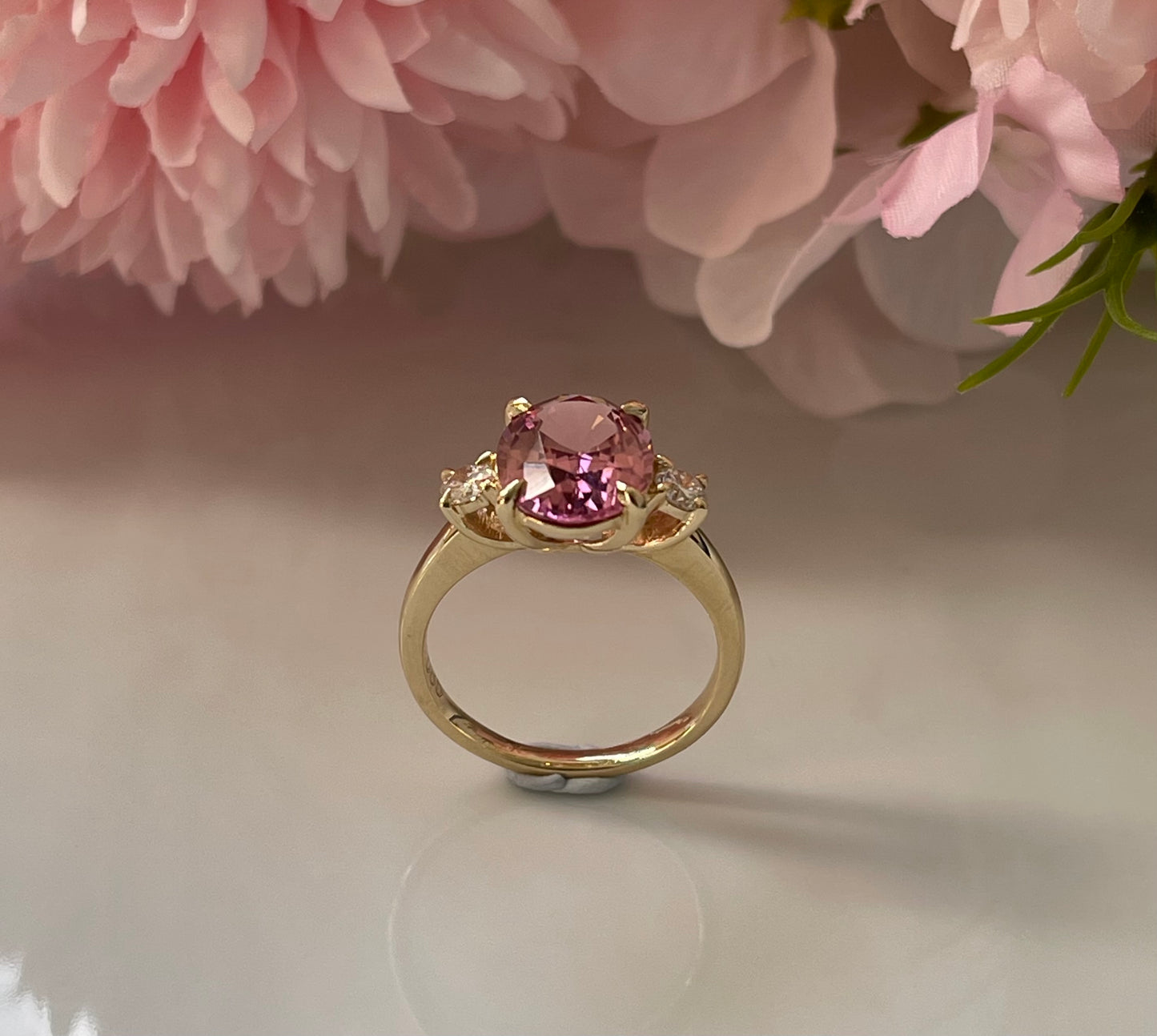 S.E. Custom 3.7ct Pink Tourmaline Diamond Trilogy Ring In 14ct Yellow Gold