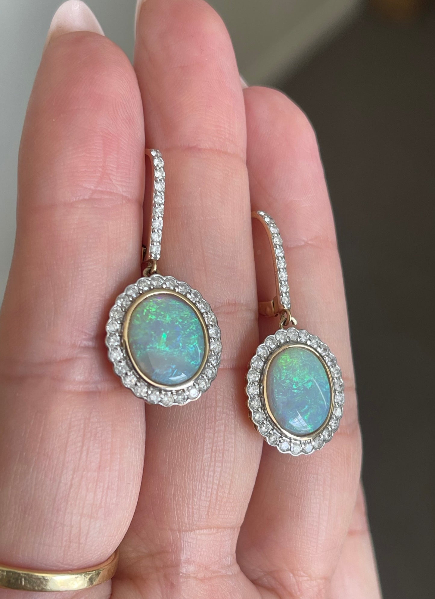 Natural Solid Coober Pedy Opal Diamond Drop Earrings In 14ct Yellow Gold
