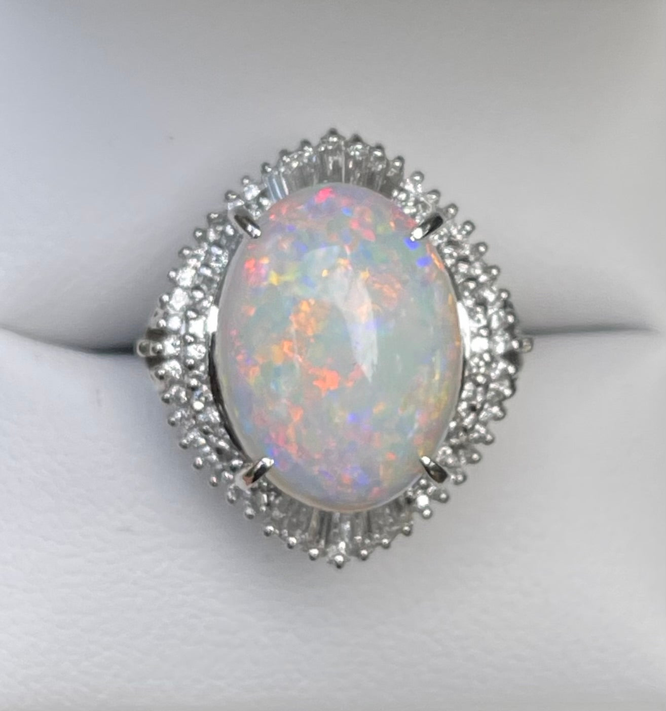 6.5ct Australian Solid Opal & Diamond Ring in 900 Platinum – Rare Harlequin Pattern with Fiery Red Flash