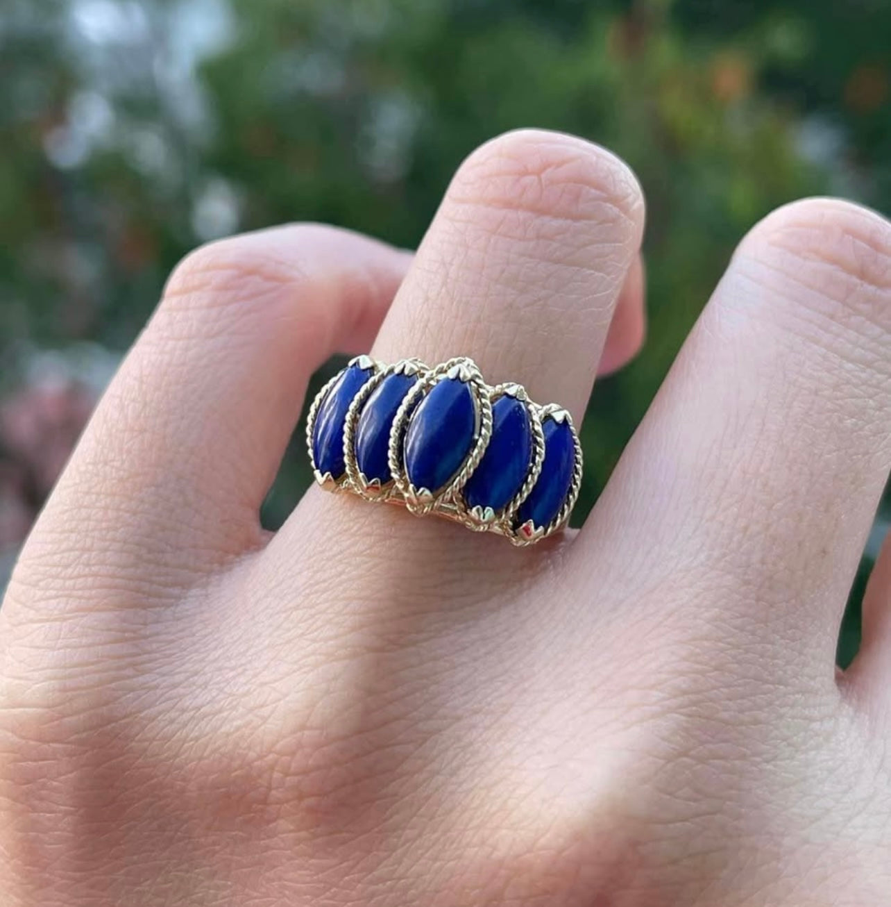 Vintage 14ct 5 stone marquise cut natural lapis ring