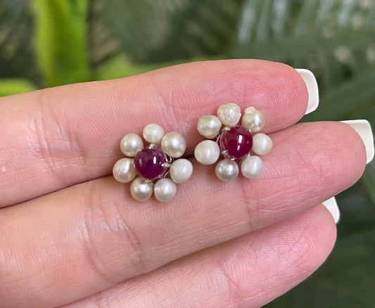 Natural Ruby & Natural Pearl Flower Earrings In 14ct White Gold