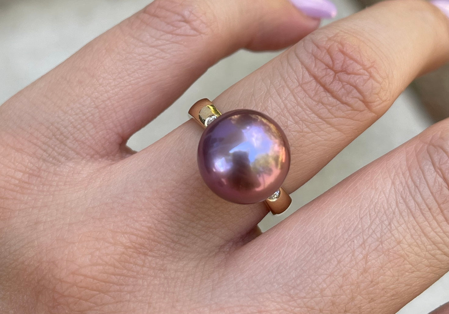 Lavender Edison Pearl & Diamond Ring in 9ct Yellow Gold