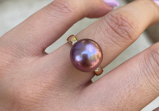 S.E. Custom Lavender Edison Pearl & Diamond Ring in 9ct Yellow Gold
