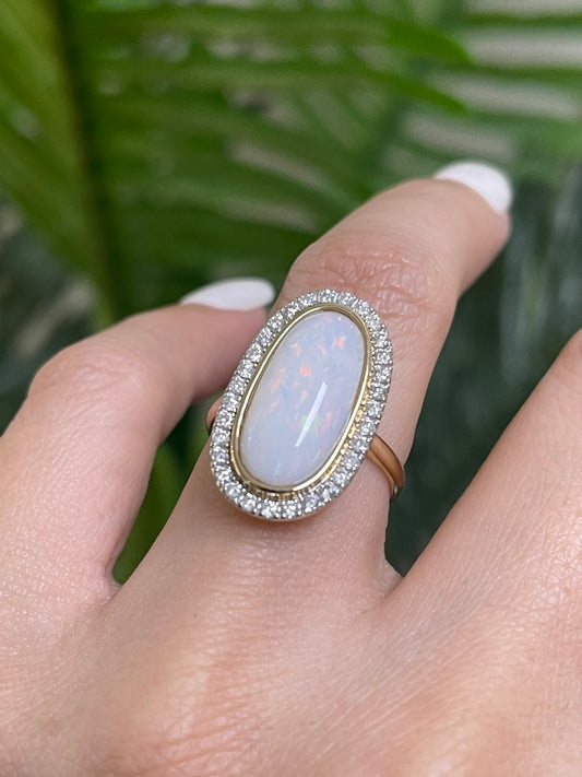 Natural Solid Australian Coober Pedy Crystal Opal & Diamond Halo Ring In 14ct Yellow Gold