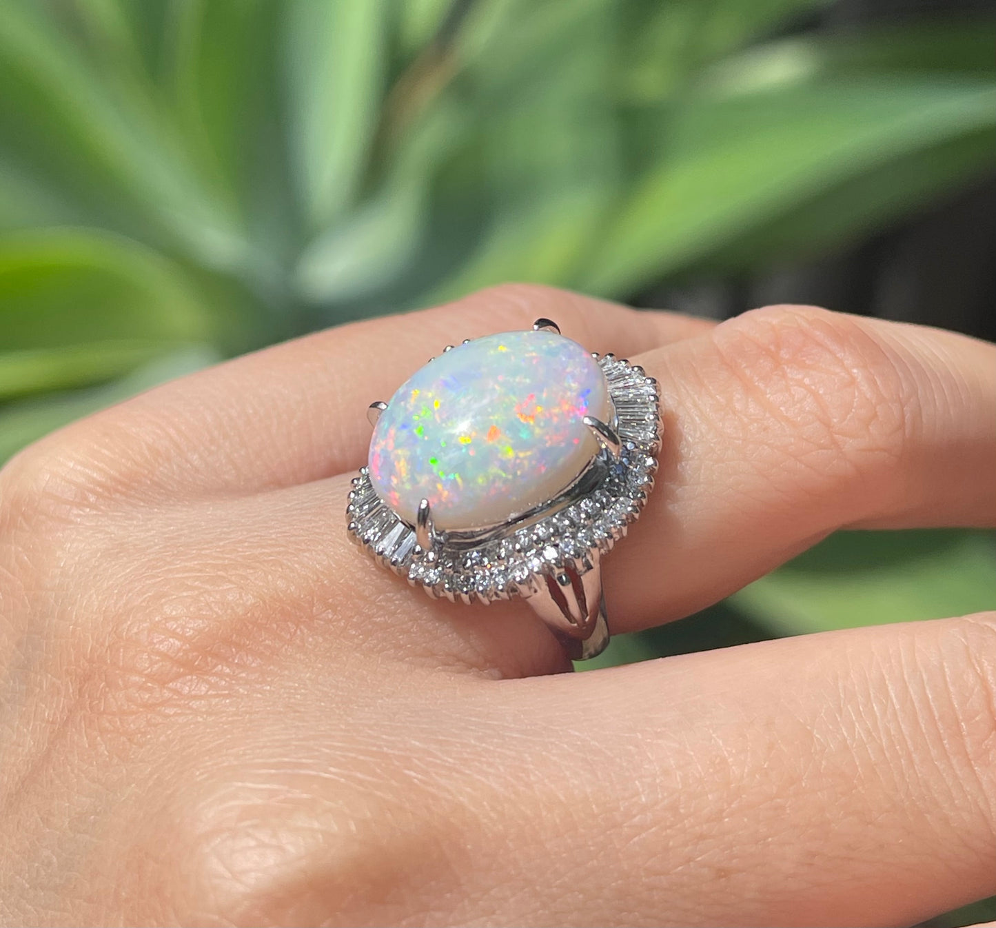 6.5ct Australian Solid Opal & Diamond Ring in 900 Platinum – Rare Harlequin Pattern with Fiery Red Flash