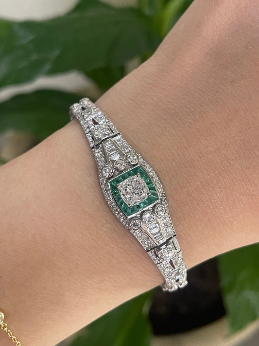 One Of A Kind Antique Conversion 4.5ct Natural Mix Cut Diamond & Emerald Bracelet In 950 Platinum