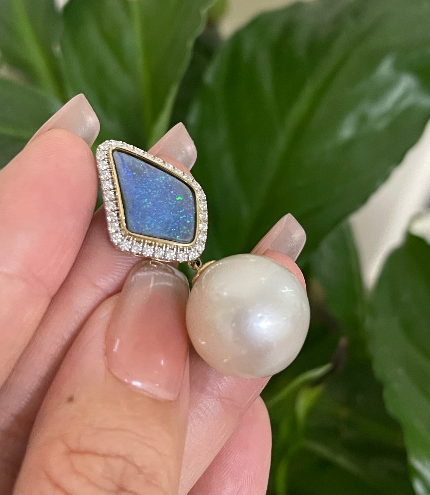Sea & Sky – Australian Opal & South Sea Pearl Pendant In 14ct Yellow Gold