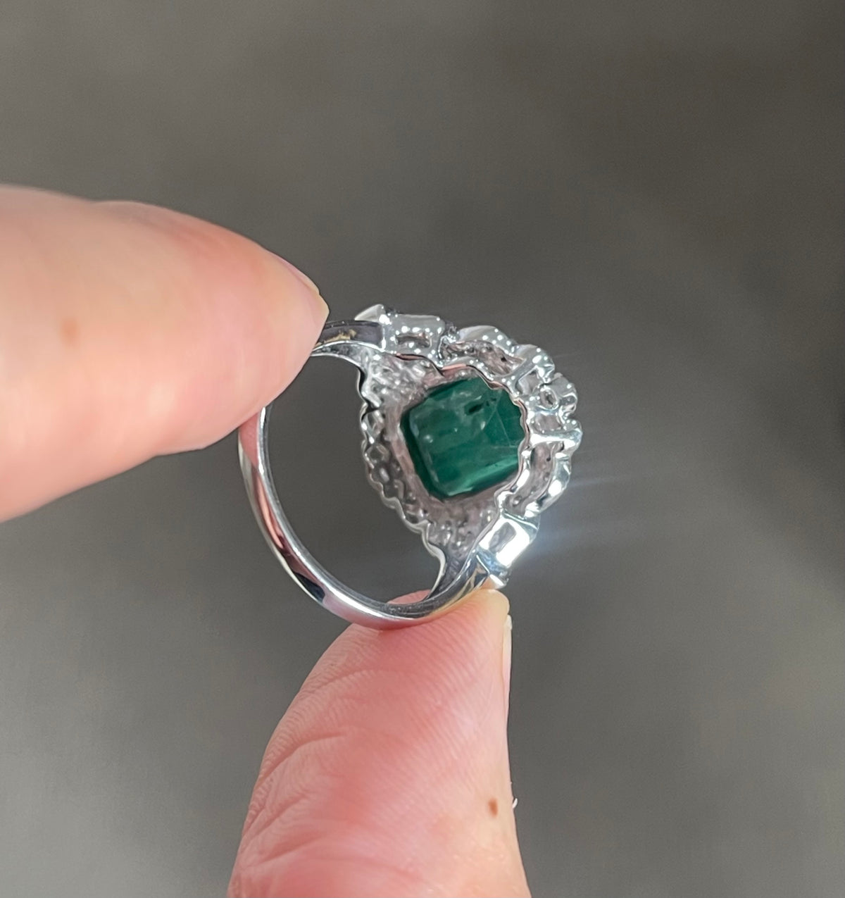 Art Deco Style Natural Emerald Diamond Ring In 14ct White Gold