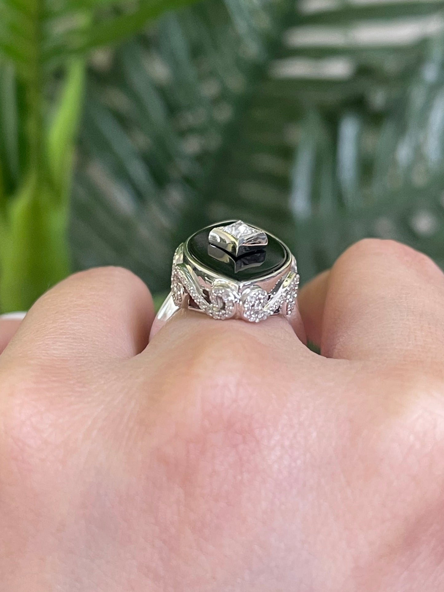 Art Deco Onyx & Diamond Cocktail Ring In 14ct White Gold