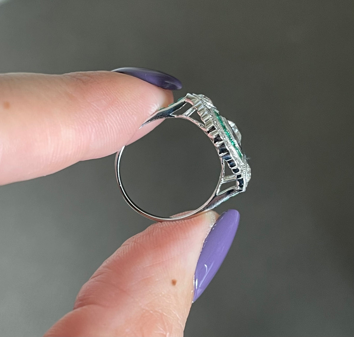 Art Deco Style Old Cut Diamond Tilogy Emerald Ring In 14ct White Gold