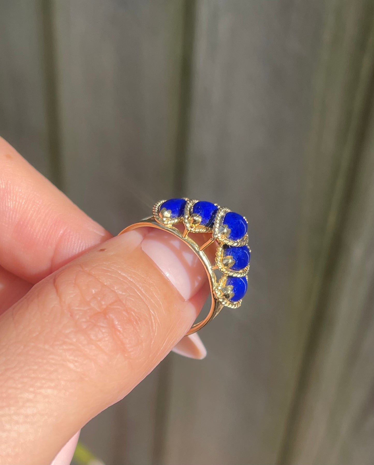 Vintage 5 Stone Marquise Cut Lapis Ring In 14ct Yellow Gold