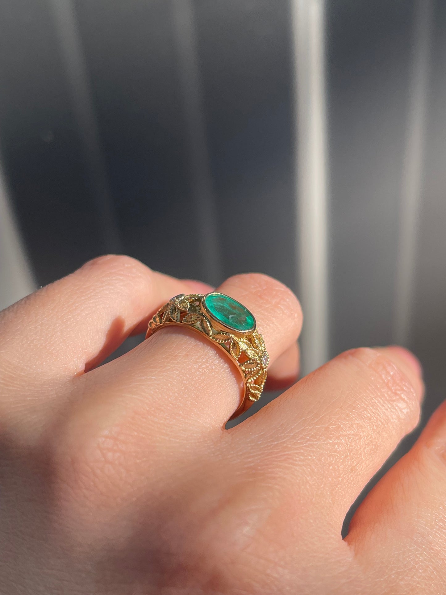 Victorian Inspired 1.35ct Emerald Filigree Ring with diamonds In 9ct Yellow Gold