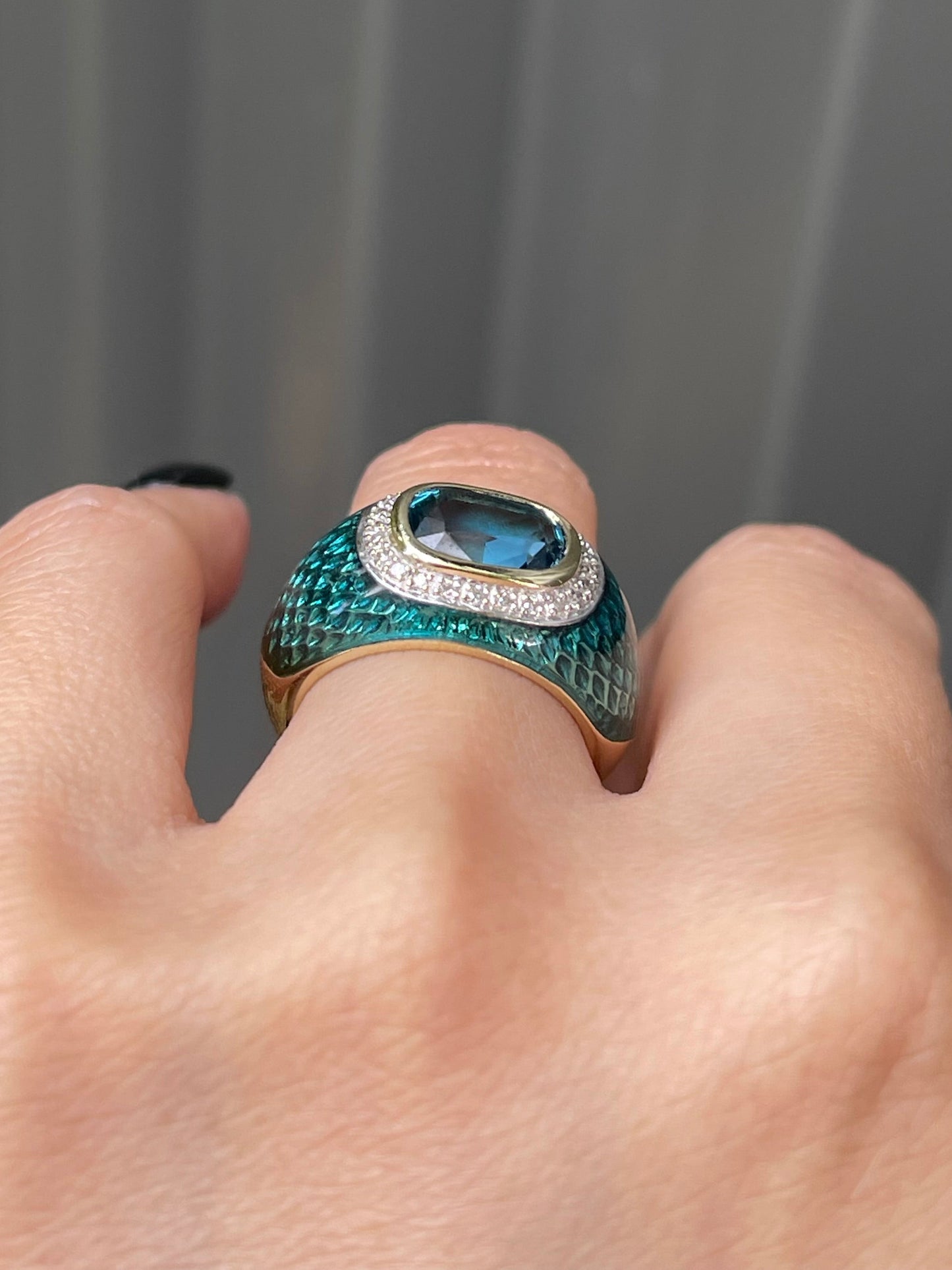 Blue Topaz & Diamond Snakeskin Pattern Enamel Ring in 14ct Yellow Gold