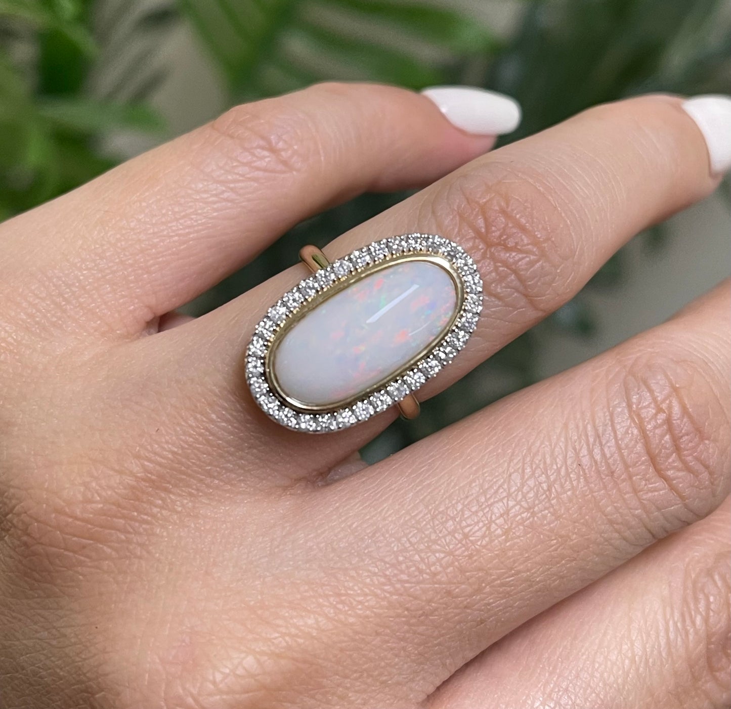 Natural Solid Australian Coober Pedy Crystal Opal & Diamond Halo Ring In 14ct Yellow Gold