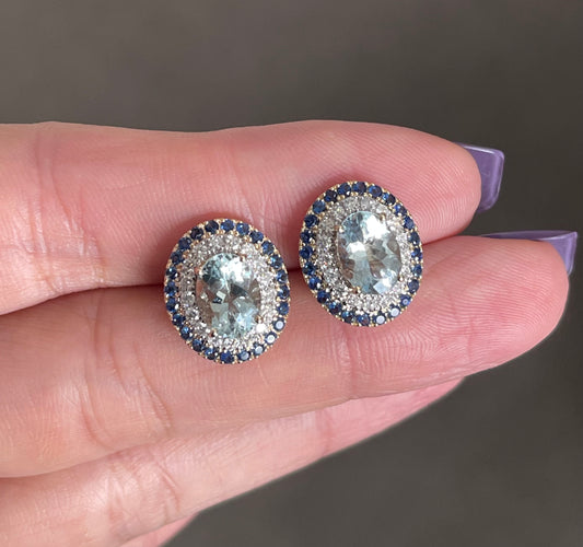 Timeless Natural Aquamarine Blue Sapphire Diamond Halo Earring In 14ct Yellow Gold