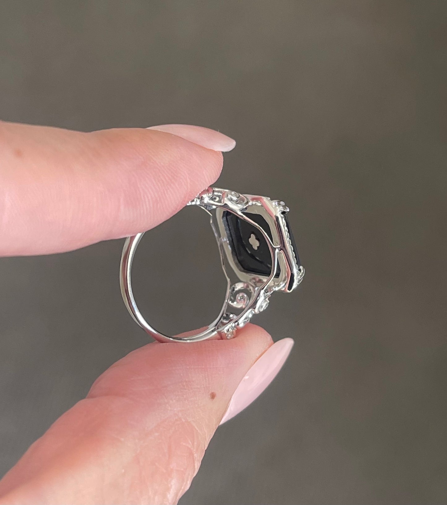 Art Deco Style Onyx & Old Cut Diamond Ring In 14ct White Gold