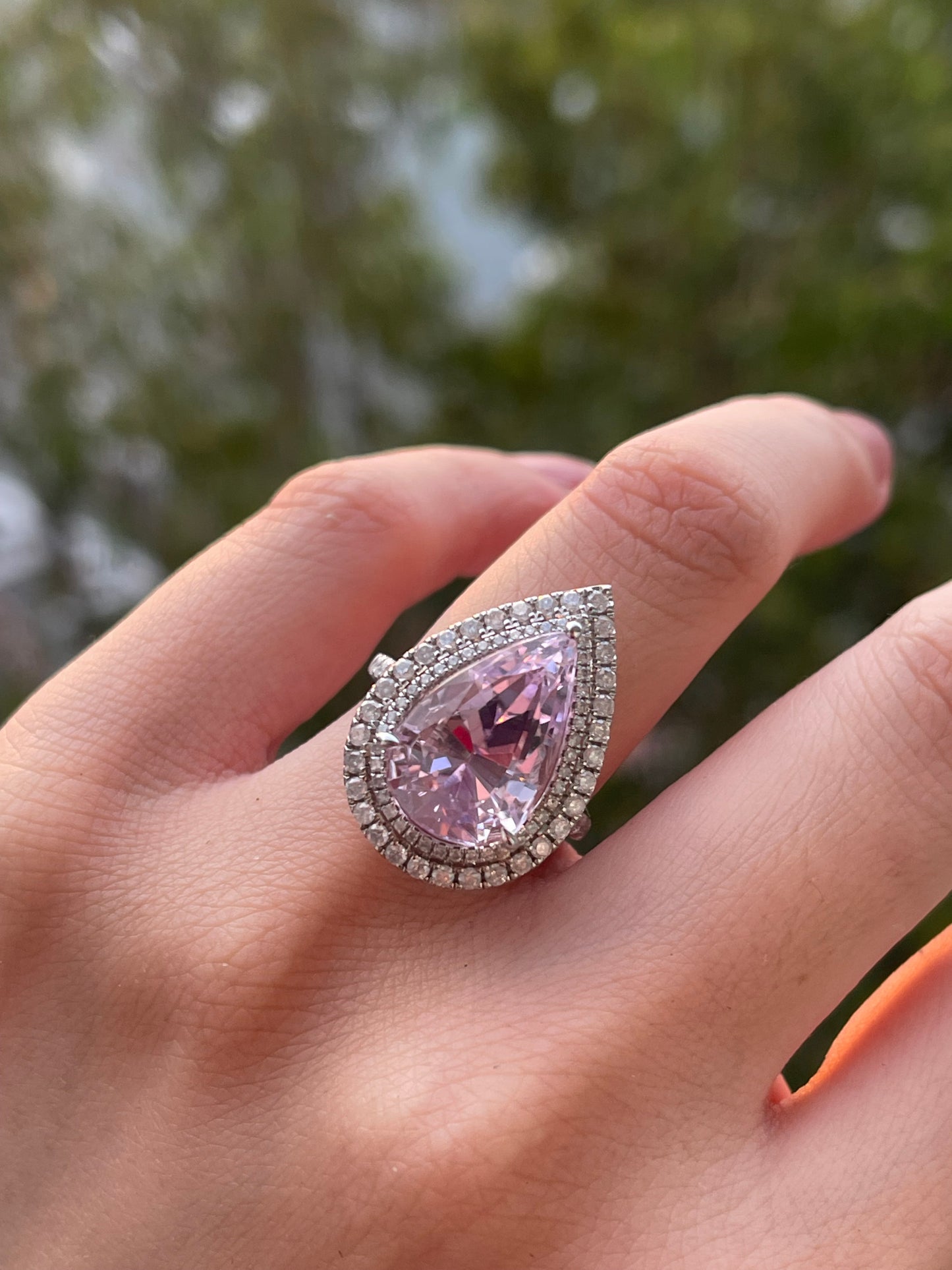 14ct white gold natural pear shaped Kunzite diamond halo ring