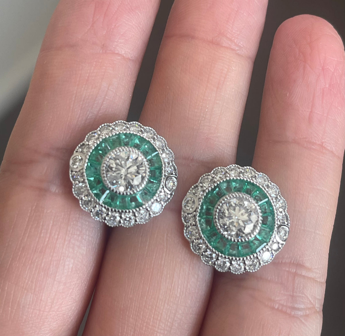 Art Deco Style Natural Diamond Emerald Earrings In 14ct White Gold