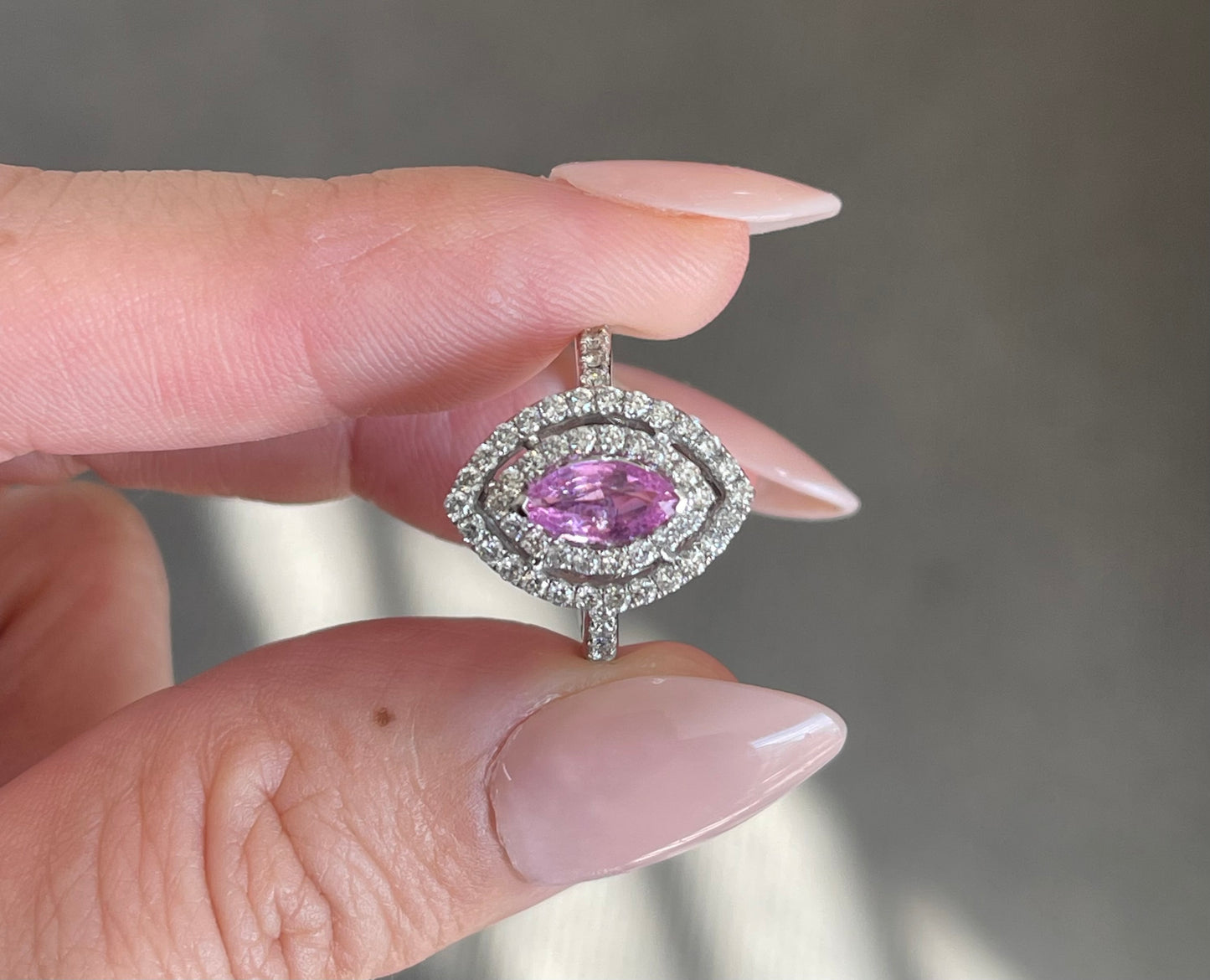 Natural Pink Sapphire Diamond Double Halo Ring In 14ct White Gold