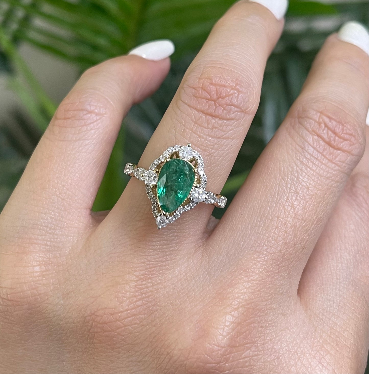 1.35ct Natural Pear Cut Emerald & Diamond Ring In 14ct Yellow Gold