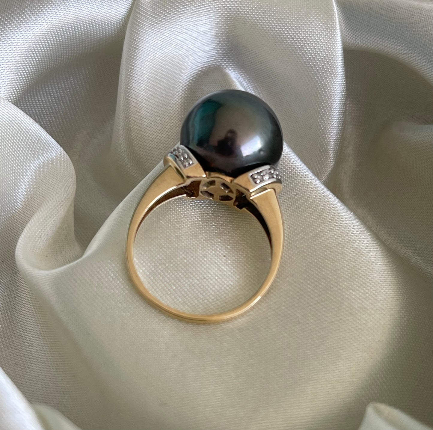 Vintage 10ct yellow & white gold large 14mm genuine Tahitian pearl diamond ring