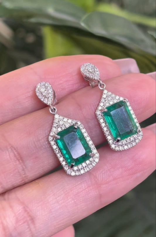 4.88ct Natural Emerald & Diamond Earrings In 14ct White Gold