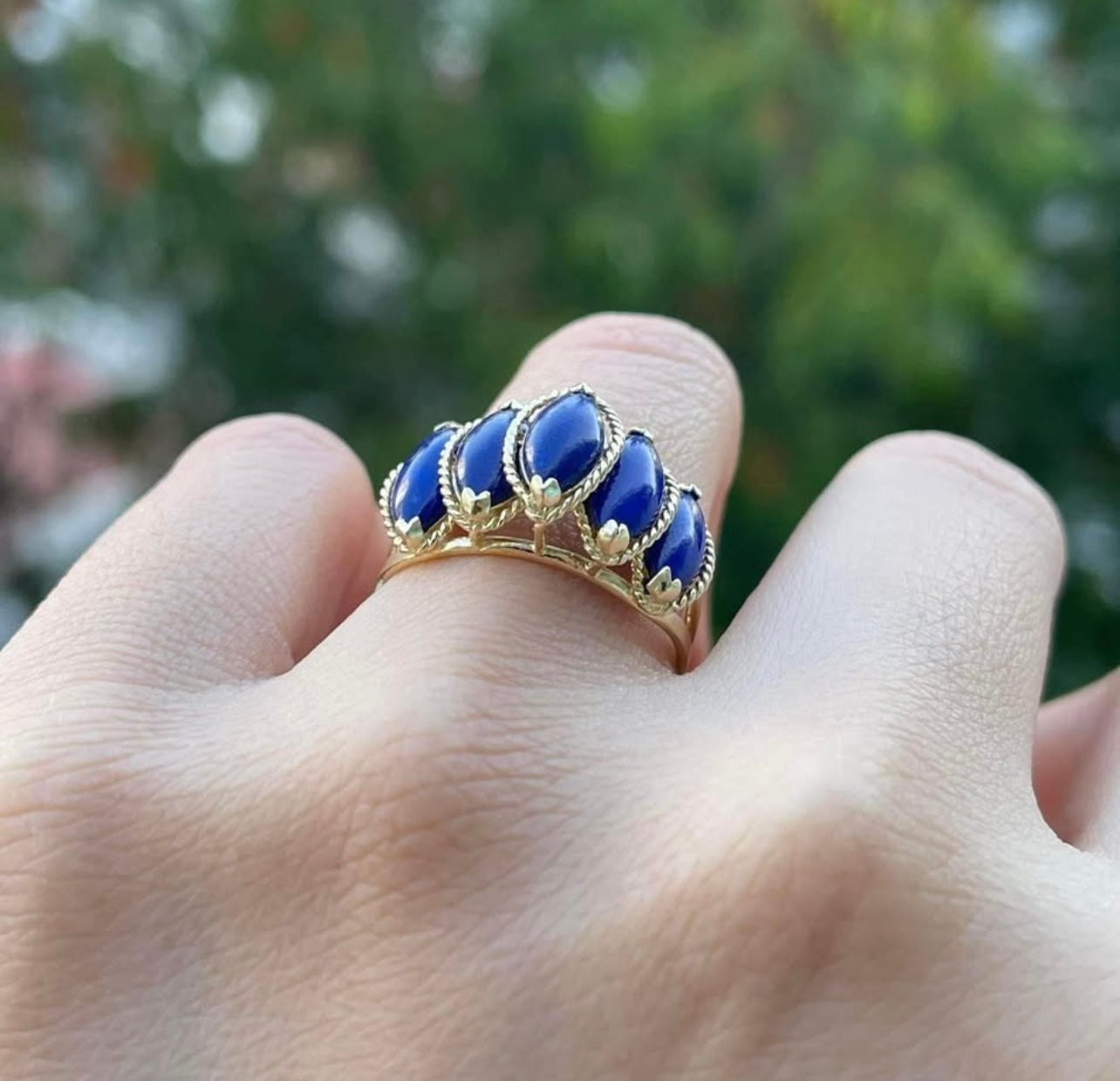 Vintage 14ct 5 stone marquise cut natural lapis ring