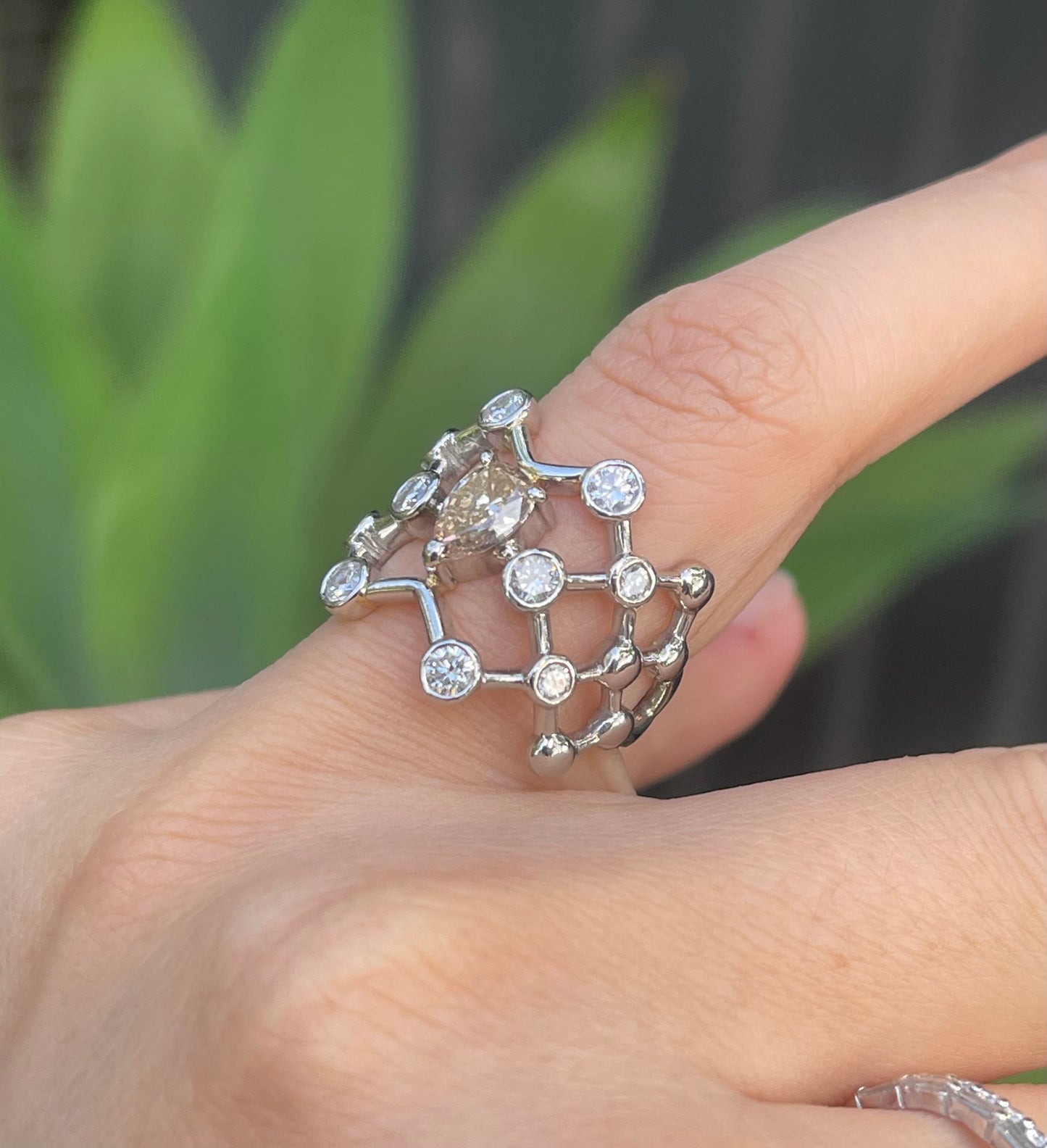11.8grams 900 Platinum 1.63ct Natural Champagne Diamond geometric / architectural Ring
