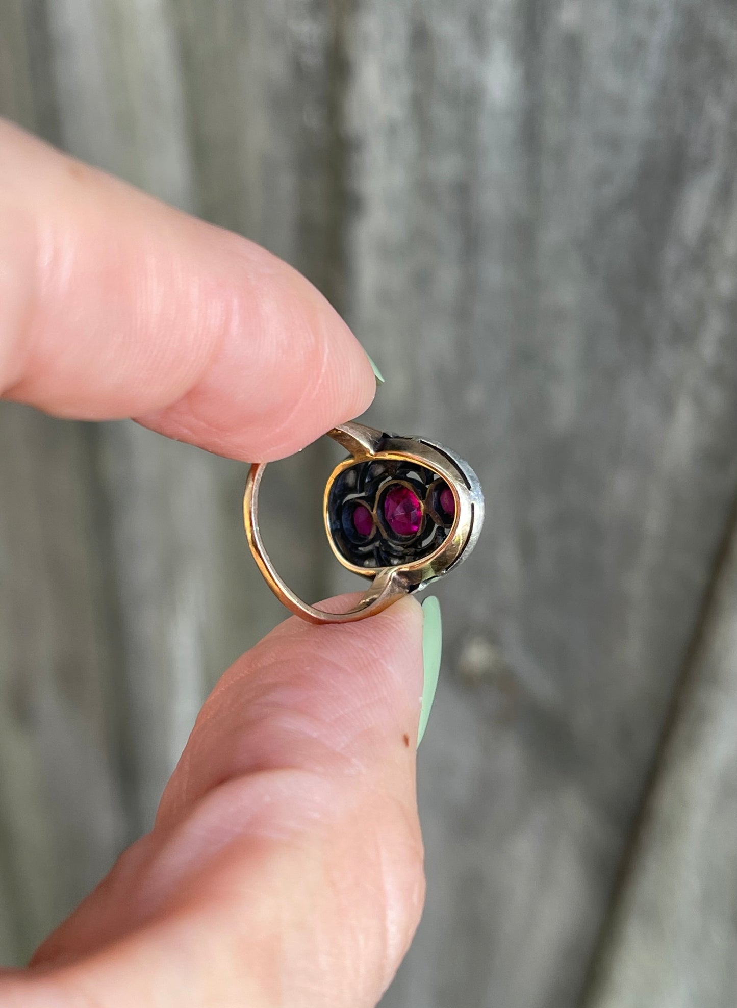 European Antique Art Deco Ruby & Rose Cut Diamond Ring In 13ct Rose Gold & White Gold