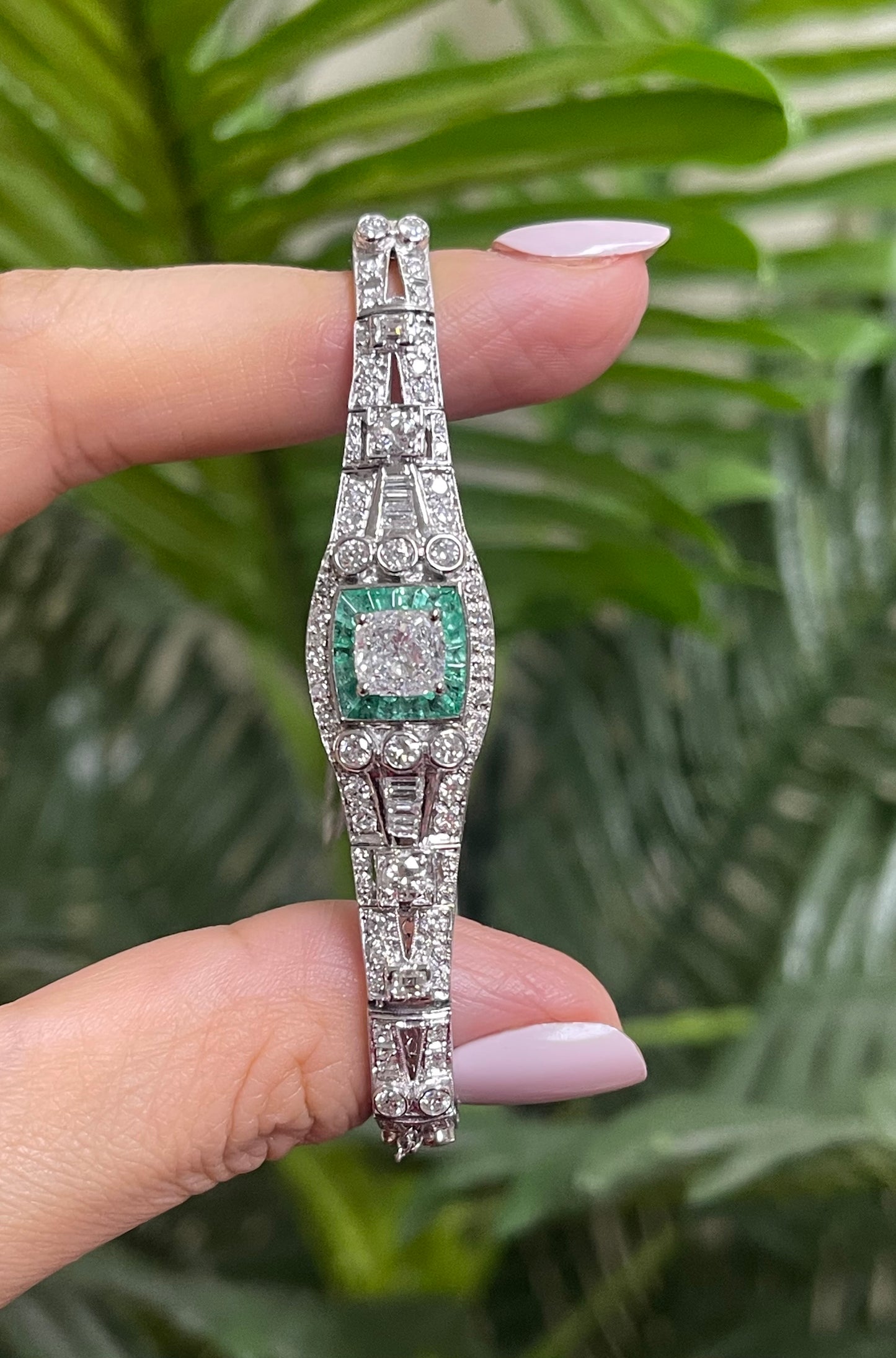 One Of A Kind Antique Conversion 4.5ct Natural Mix Cut Diamond & Emerald Bracelet In 950 Platinum